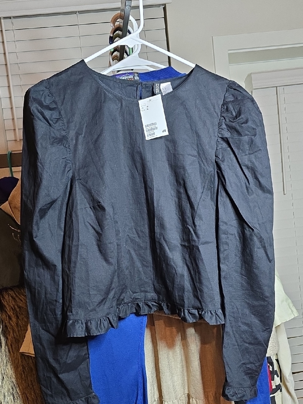 H&M Black Puff-Sleeve Ruffle-Hem Blouse